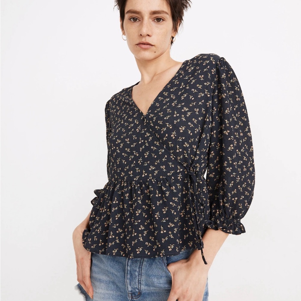 Madewell Navy Floral Wrap Blouse medium puff sleeve peplum shirt cabin core